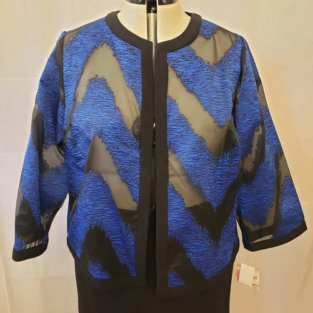 Kasper Womens Blue & Black Lightweight Organza Mixed Texture Jacket w/Skirt. 14W - Picture 3 of 16